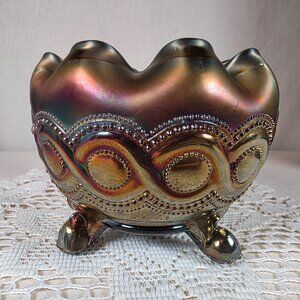 Northwood Carnival Glass Beaded Cable Rose Bowl Iridescent Ruffled Edge Footed
